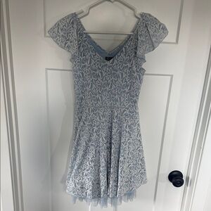Lily Rose Blue and White Floral Lace Dress with Tulle Hem